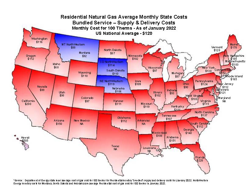 Map comparing natural gas rates across the US