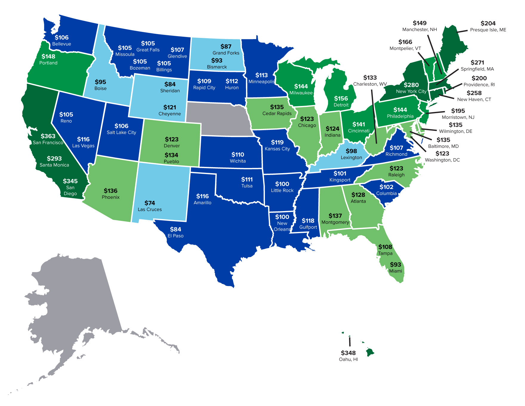 Map showing comparison of electric rates across the country.