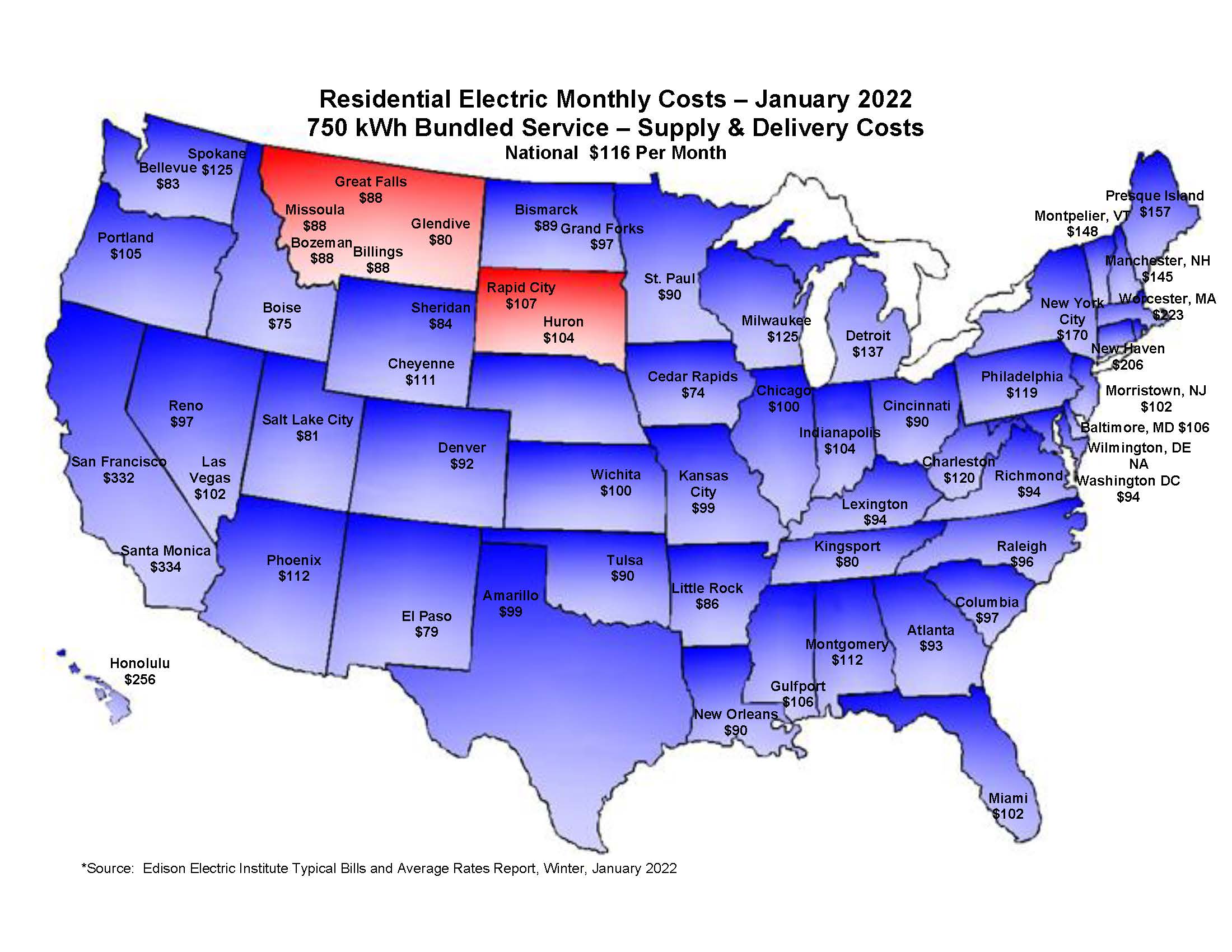 Map comparing electric rates across the US